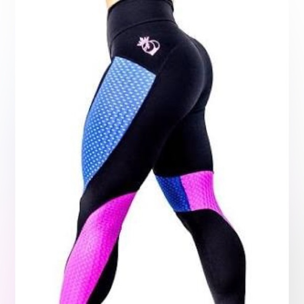 BootyQueen Black with Blue and Pink Mesh - Women's Leggings